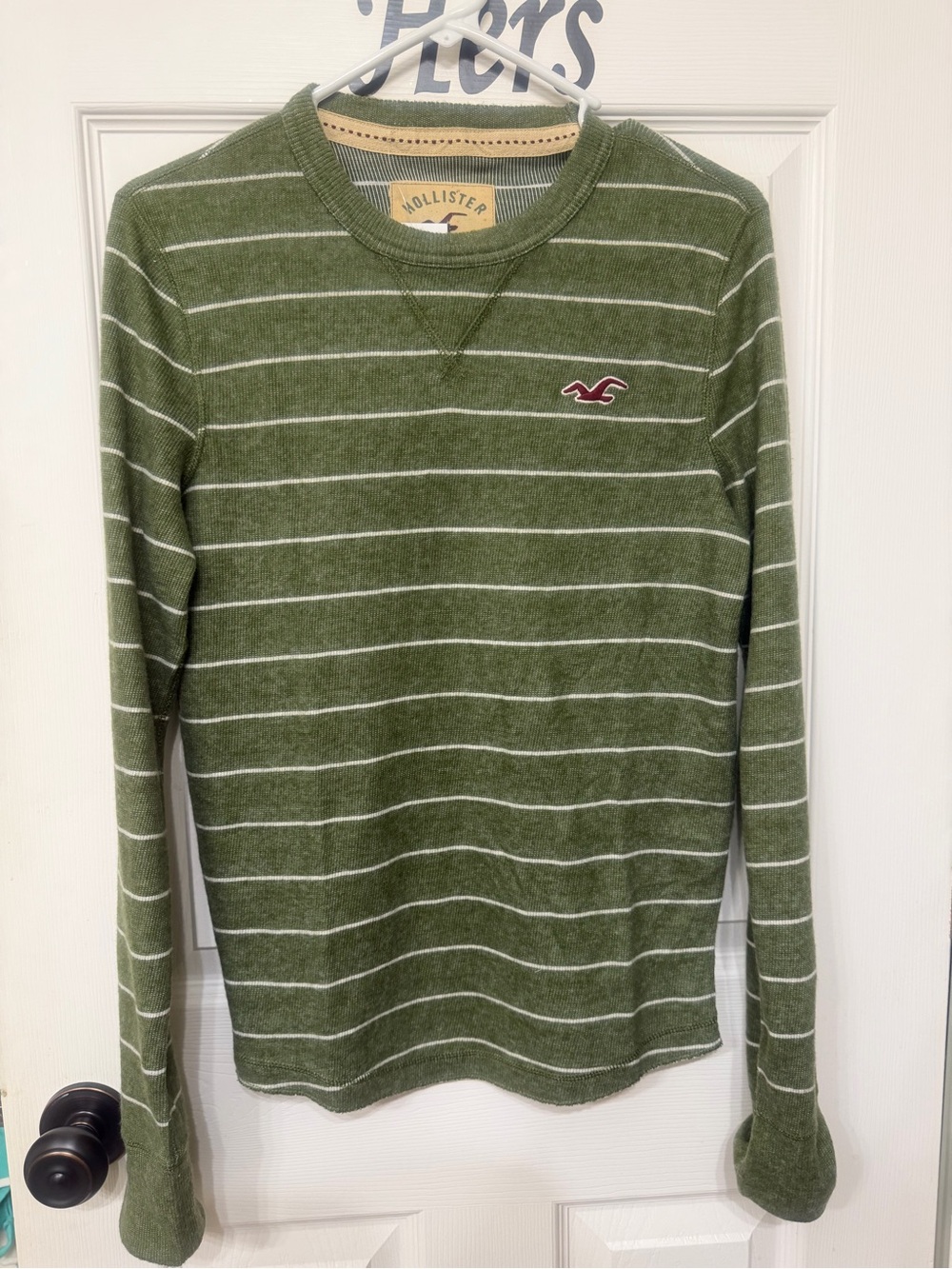 Hollister Olive Green & White Striped Long Sleeve Thermal Ribbed